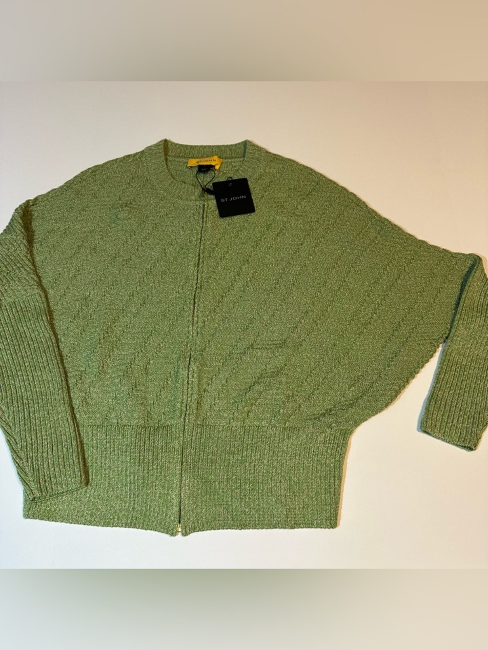 St. John Zip Up Dolman Sleeve Sweater Bamboo Green Santana Knit